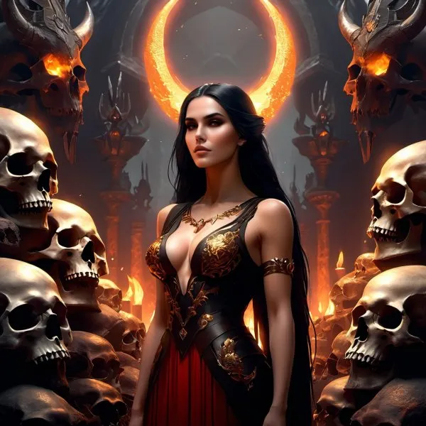 Демоническая колдунья и гора черепов: мрачное искусство в стиле Diablo. Изображение из нейронной сети Stable Diffusion