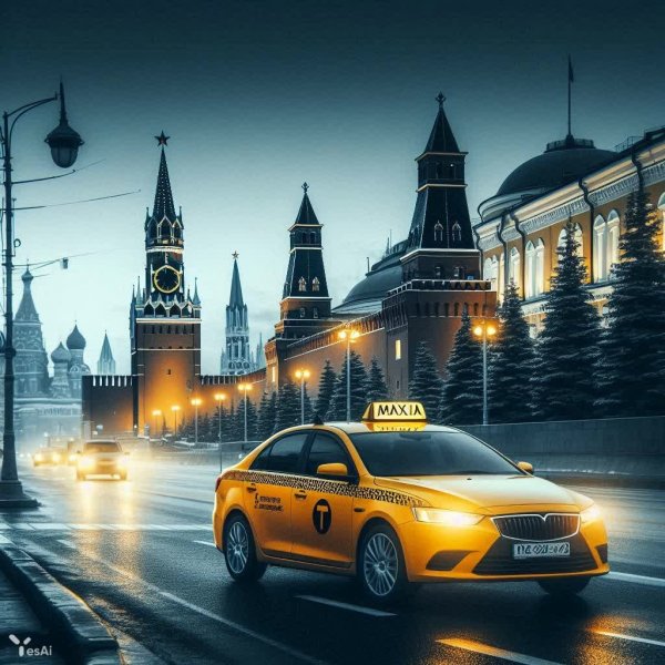 Московская улица: Такси в сумерках и вид на Кремль. Нейросеть Dalle