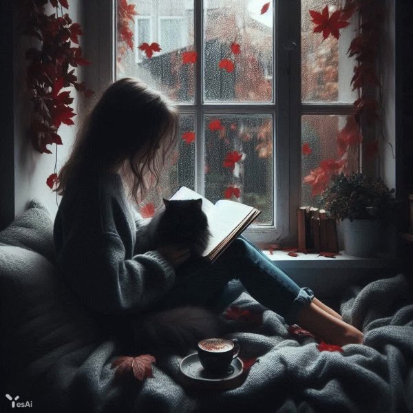 Осеннее уюта: девушка с книгой и ласковый кот в дождливый день. Генерация из нейросети Dalle