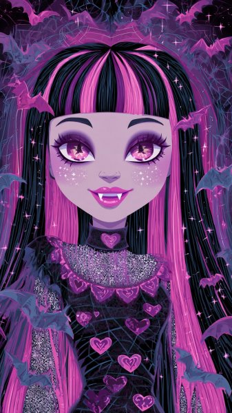 Вампирша Monster High: готика, сердца и звездный взгляд. Изображение из нейронной сети Midjourney