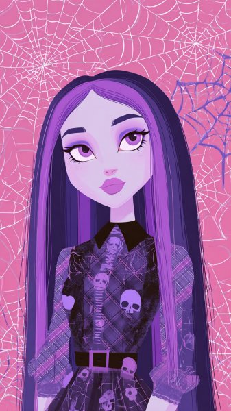 Готская красотка из Monster High: цифровой портрет с фиолетовыми волосами и кружевным платьем. Нейронная сеть Midjourney