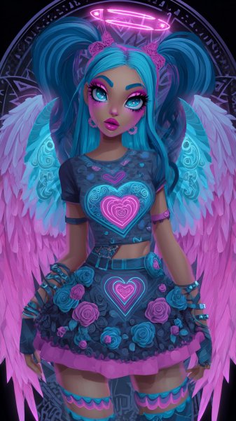 Розовые волосы и ангельские крылья: концепт персонажа в стиле Monster High. Изображение из нейронной сети Midjourney