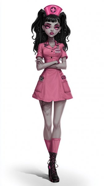 Готская медсестра: жуткий персонаж в стиле Monster High с чертами ведьмы. Нейросеть Миджорни