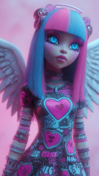 Милая ангел в стиле Monster High с розовыми волосами и голубыми глазами. Генерация из нейросети Midjourney
