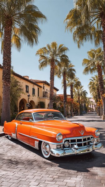 Оранжевый Cadillac: классика под пальмами в солнечном свете. Генерация из нейронной сети Midjourney