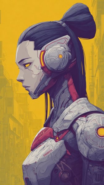 Стильная кибернетическая женщина в футуристическом образе и город будущего. Генерация из нейронной сети Миджорни