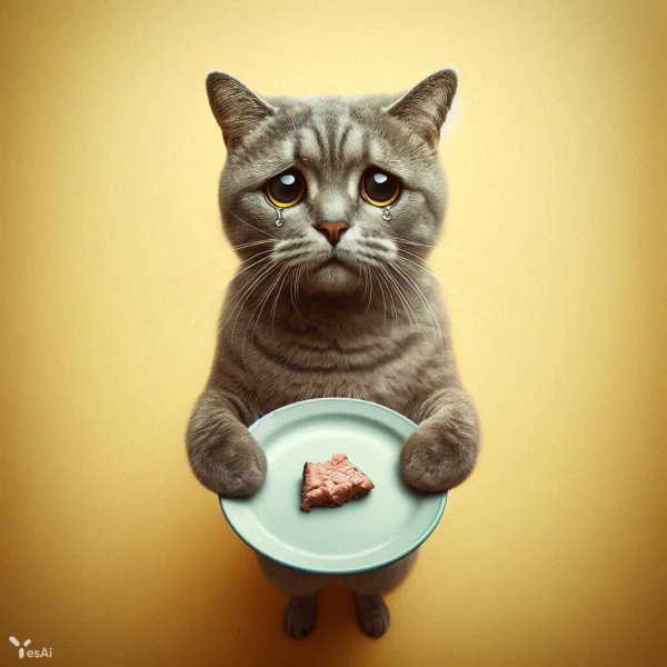 Котенок с надеждой: трогательный взгляд и кусочек мяса на тарелке. Картинка из нейронной сети Dalle