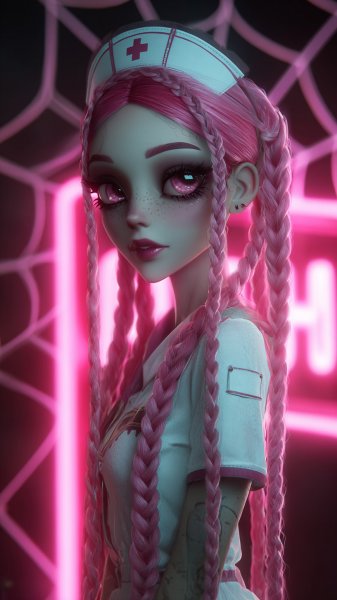 Монстродевочка в стиле Monster High: готическая красота и нежность в образе медсестры. Нейросеть Midjourney