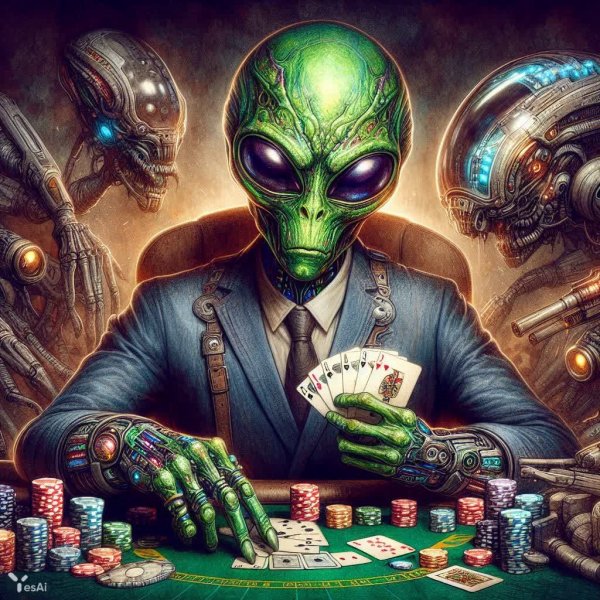 Инопланетный игрок в покер: футуристический обман и антиутопия 2300 года. Изображение из нейронной сети Dalle 3