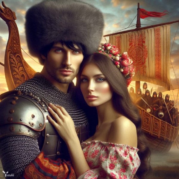 Любовь русского богатыря и прекрасной девушки в небе над Древней Русью. Нейросеть Dalle 3
