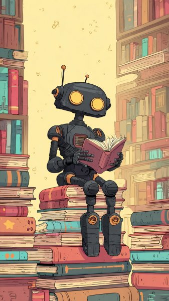 Робот-читатель в книжном царстве: уютная иллюстрация цифрового мира. Картинка из нейросети Миджорни