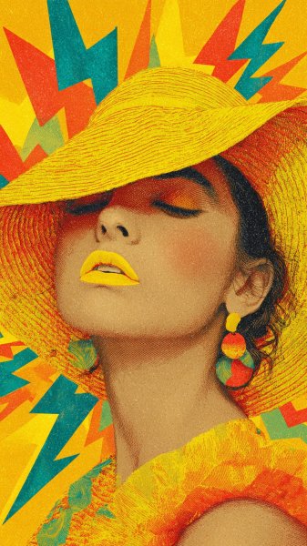 Яркая женщина в жёлтом головном уборе и молнии. Изображение из нейронной сети Миджорни
