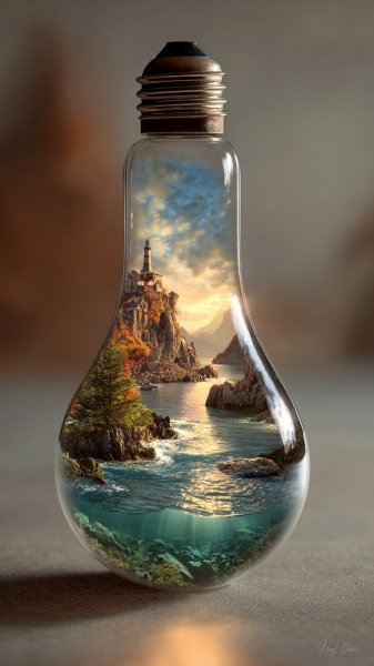 Океан в лампочке: сюрреалистическая природа и отражения. Нейросеть Midjourney