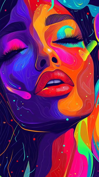 Неоновый портрет: яркая бимбо в объятиях света и цвета. Картинка из нейронной сети Midjourney