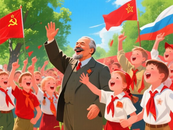 Ленин с пионерами поет гимн Союза: праздник детства и прогрессивной эпохи. Картинка из нейронной сети Qwen images Ai