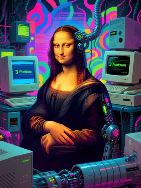 Мона Лиза инопланетянка в стиле ретро восьмидесятых с компьютерами Pentium 3. Изображение из нейронной сети Qwen Images