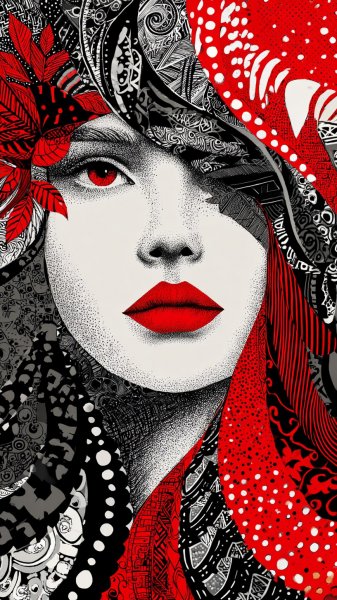 Лицо в черном и белом: завораживающая иллюстрация с ярким акцентом. Изображение из нейронной сети Midjourney