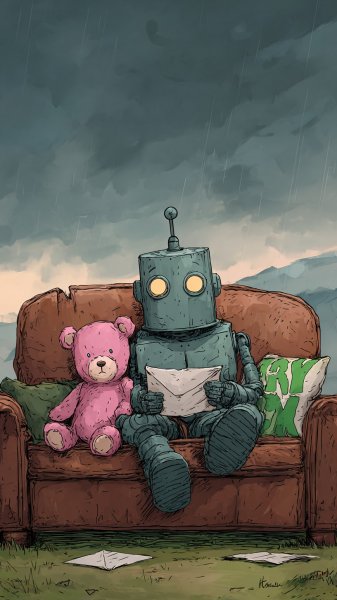 Робот на диване: уютное цифровое приключение в игривом стиле иллюстрации. Нейронная сеть Midjourney