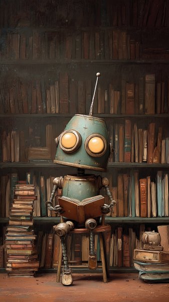 Робот-читатель в книжном царстве знаний. Генерация из нейросети Миджорни