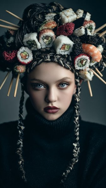 Необычный головной убор с суши и палочками для еды: экстравагантный стиль. Нейронная сеть Midjourney