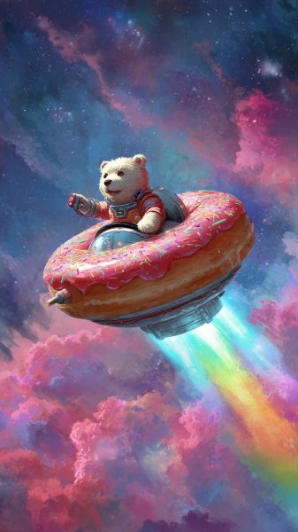 Медведь-пилот и космический пончик: приключение в облаках леденцов. Изображение из нейронной сети Midjourney