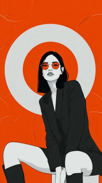 Стильная женщина в очках и блейзере на фоне абстрактного дизайна. Изображение из нейронной сети Midjourney