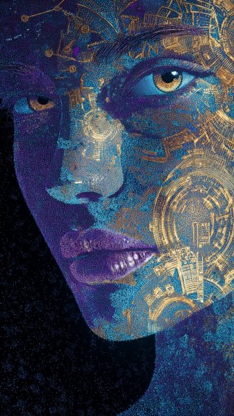 Неоновое сияние: женщина, сотканная из звёздной пыли и серебра. Изображение из нейронной сети Midjourney