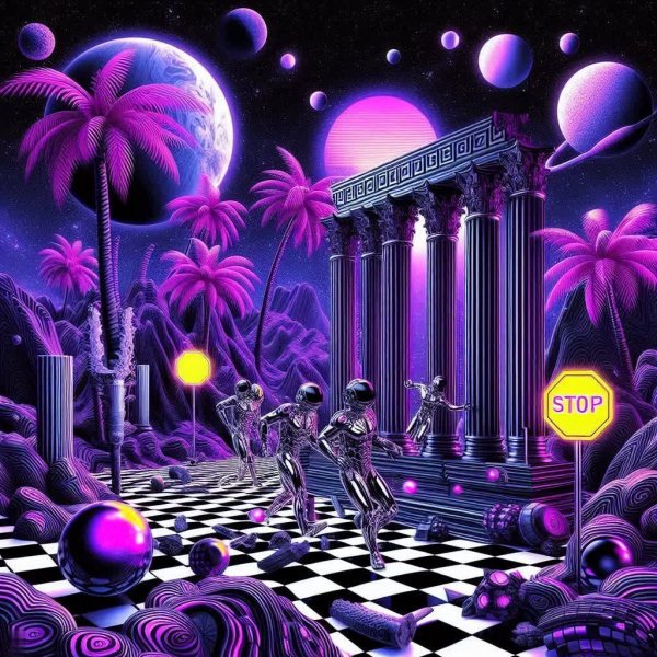 Загадочный пейзаж инопланетной цивилизации в стиле vaporwave. Изображение из нейросети Dalle 3
