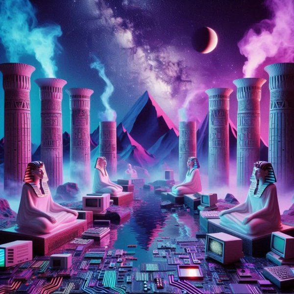 Египетский фон в стиле Vaporwave: Путешествие во времени и пространстве. Нейронная сеть Dalle
