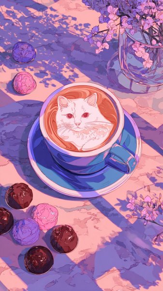Кофейная кошка на мраморном столе среди сладостей и цветов. Генерация из нейросети Миджорни