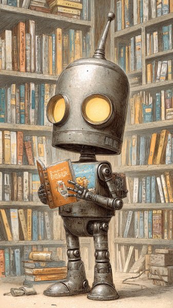 Робот в библиотеке: причудливый рисунок чернилами и яркая книга. Генерация из нейросети Midjourney