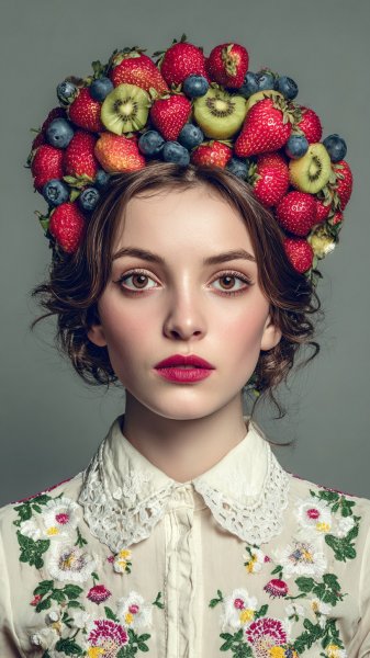 Ягодная корона: портрет девушки с нежным выражением лица и цветочным акцентом. Картинка из нейронной сети Миджорни