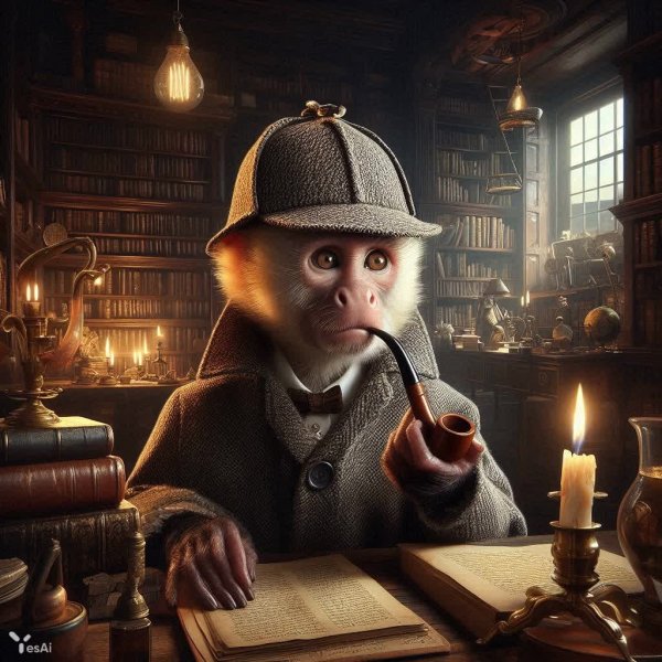 Обезьяна-сыщик: Шерлок Холмс в книжном кабинете. Нейросеть Dalle 3
