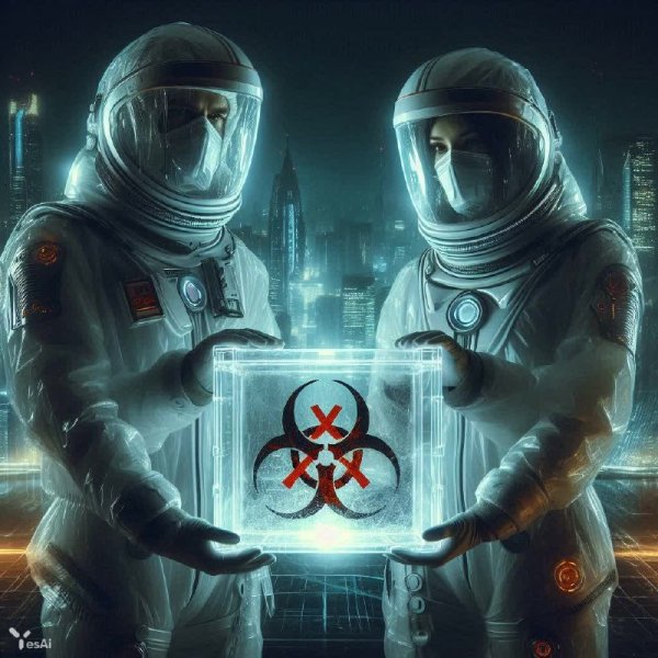 Защитные костюмы и опасный контейнер. Изображение из нейронной сети Dalle