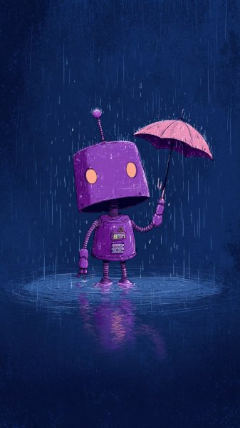 Фиолетовый робот под зонтом: Иллюстрация в цифровом стиле. Изображение из нейросети Midjourney
