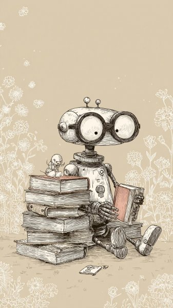 Робот-интеллектуал с книгами и большими очками в уютном интерьере. Картинка из нейронной сети Миджорни