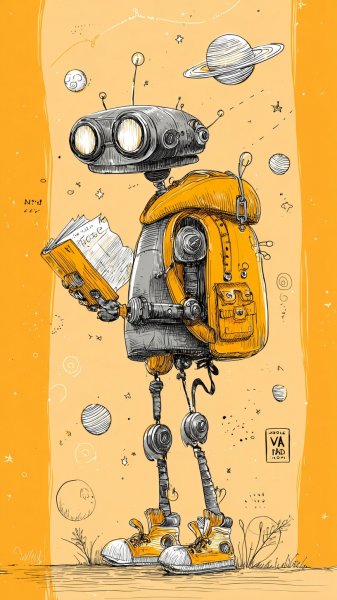Робот-путешественник с книгой: причудливая иллюстрация в чернилах и ярких красках. Генерация из нейронной сети Midjourney