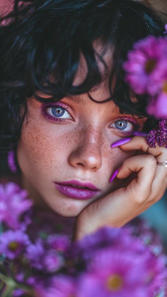 Изысканный портрет: фиолетовые акценты и нежная красота. Изображение из нейросети Миджорни