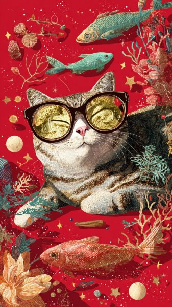 Забавный кот в очках: яркий фон и игривые детали. Нейронная сеть Миджорни