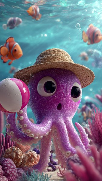 Весёлый осьминог на пляже: красочный CGI мир под водой. Генерация из нейросети Midjourney