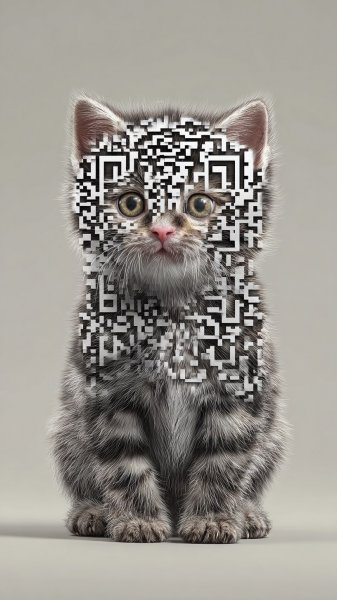 Котёнок с QR-кодом: очаровательный портрет в фотореалистичном стиле 8K. Изображение из нейронной сети Midjourney
