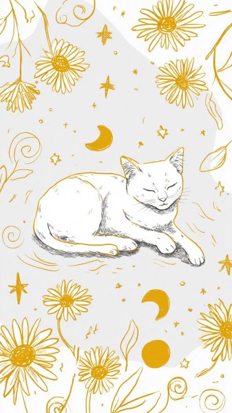 Нежная кошка в лугах и звездах: летняя иллюстрация. Изображение из нейросети Миджорни