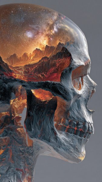 Инопланетный череп: кибернетический сплав с галактикой внутри. Изображение из нейронной сети Midjourney