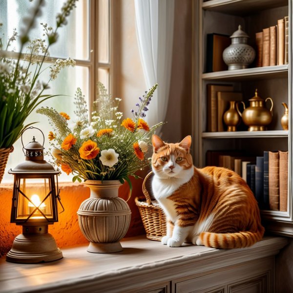 Уютный интерьер с книгами и кошкой. Изображение из нейросети Стейбл Дифьюжен