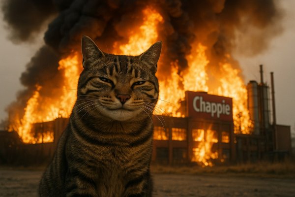 Кошка на фоне горящей фабрики собачьего корма Чэппи: хитрый взгляд и улыбка. Изображение из нейронной сети Sora