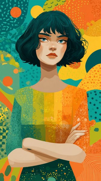 Яркая красотка в вязаном свитере радужных оттенков и игривом окружении. Изображение из нейронной сети Миджорни
