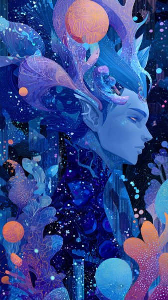 Космический персонаж: Сияние синей кожи и абстрактной мечты. Картинка из нейросети Midjourney