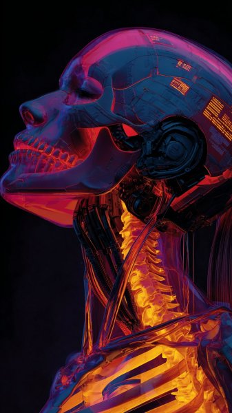 Неоновый череп и киберпанк: завораживающий портрет женщины в стиле Greg Rutkowski. Нейросеть Миджорни