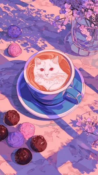 Кофейная кошка на мраморном столе среди сладостей и цветов. Генерация из нейросети Миджорни