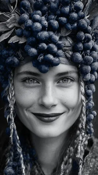 Загадочная красота: женщина в черничном головном уборе и серебряных косах. Генерация из нейросети Midjourney